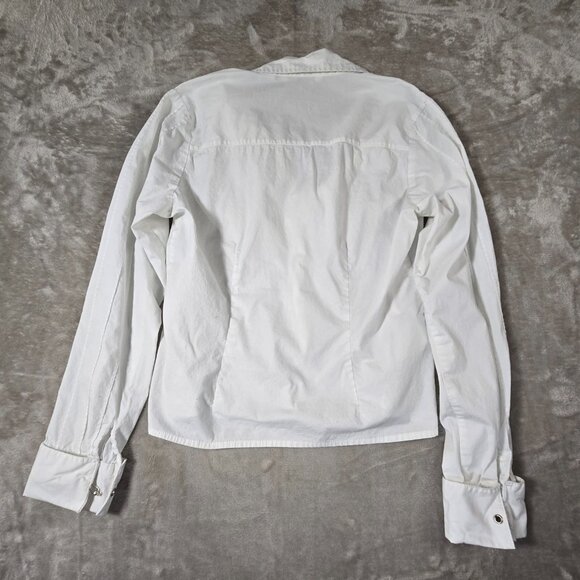 Quizz Stretch White Pintuck Blouse Hook Front Fitted Long Sleeve Size M - Picture 10 of 10